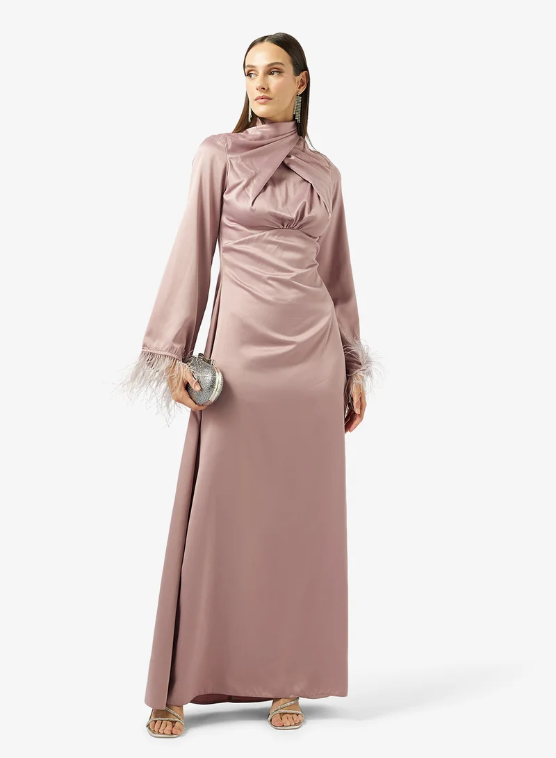 Namshi x  High Neck Evening Gown With Feather Trim for Women | Best Price UAE